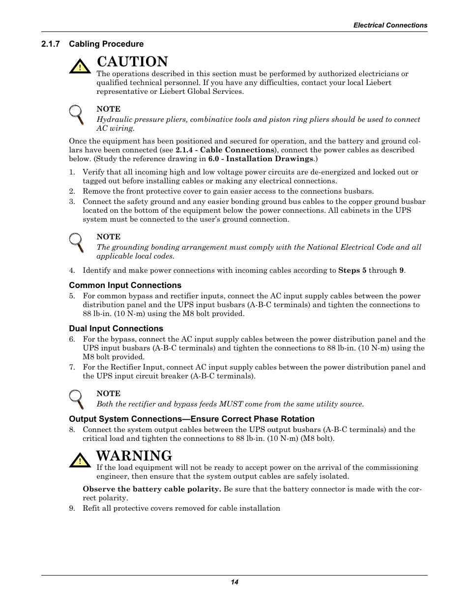 7 cabling procedure, Common input connections, Dual input connections | Cabling procedure, Caution, Warning | Emerson Liebert NX 480V User Manual | Page 22 / 108