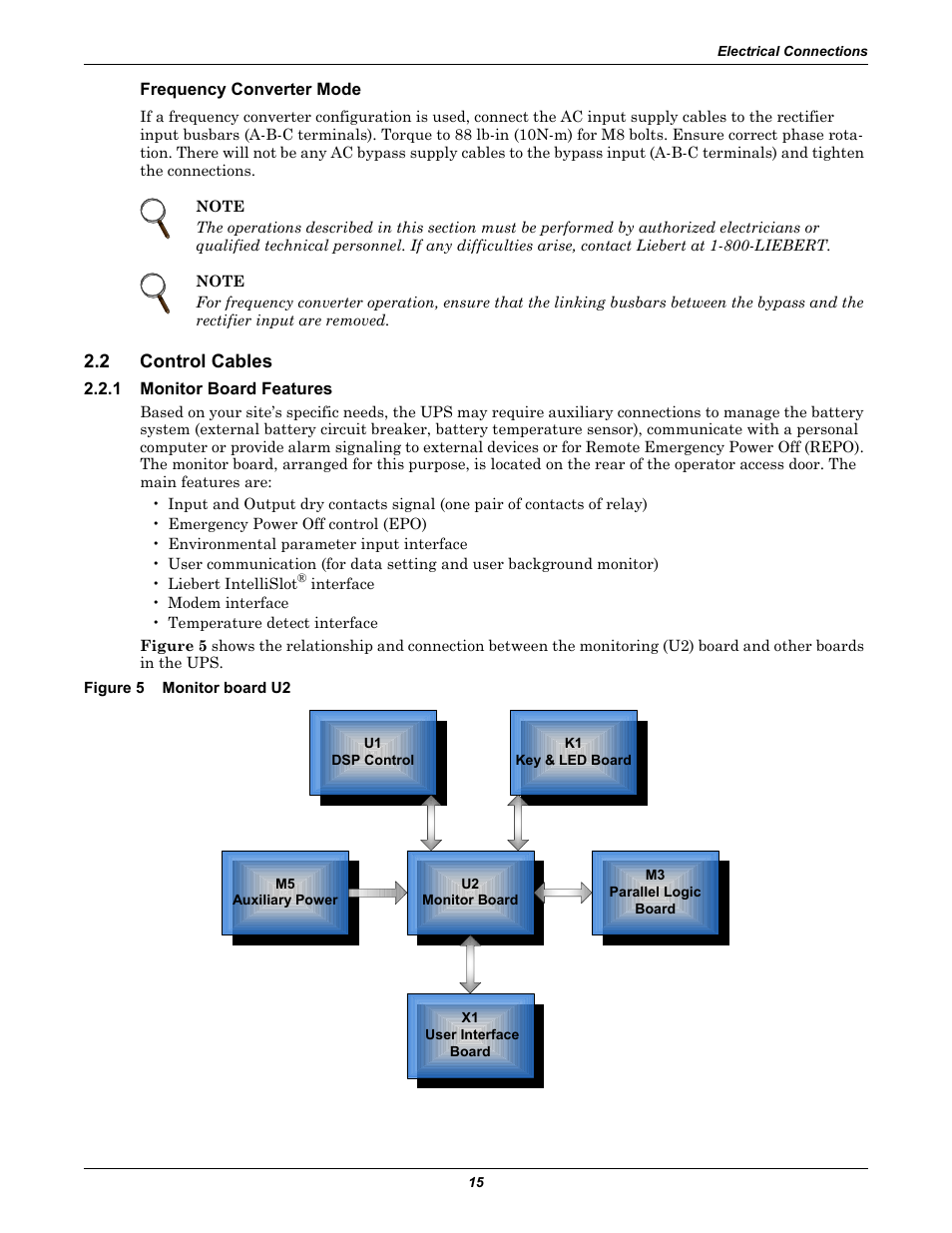 Frequency converter mode, 2 control cables, 1 monitor board features | Figure 5 monitor board u2, Control cables, Monitor board features, Figure 5, Monitor board u2 | Emerson Liebert NX 480V User Manual | Page 23 / 108