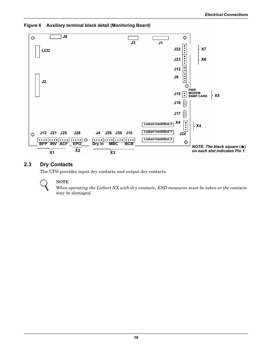 3 dry contacts, Dry contacts, Figure 6 | Auxiliary terminal block detail (monitoring board) | Emerson Liebert NX 480V User Manual | Page 24 / 108