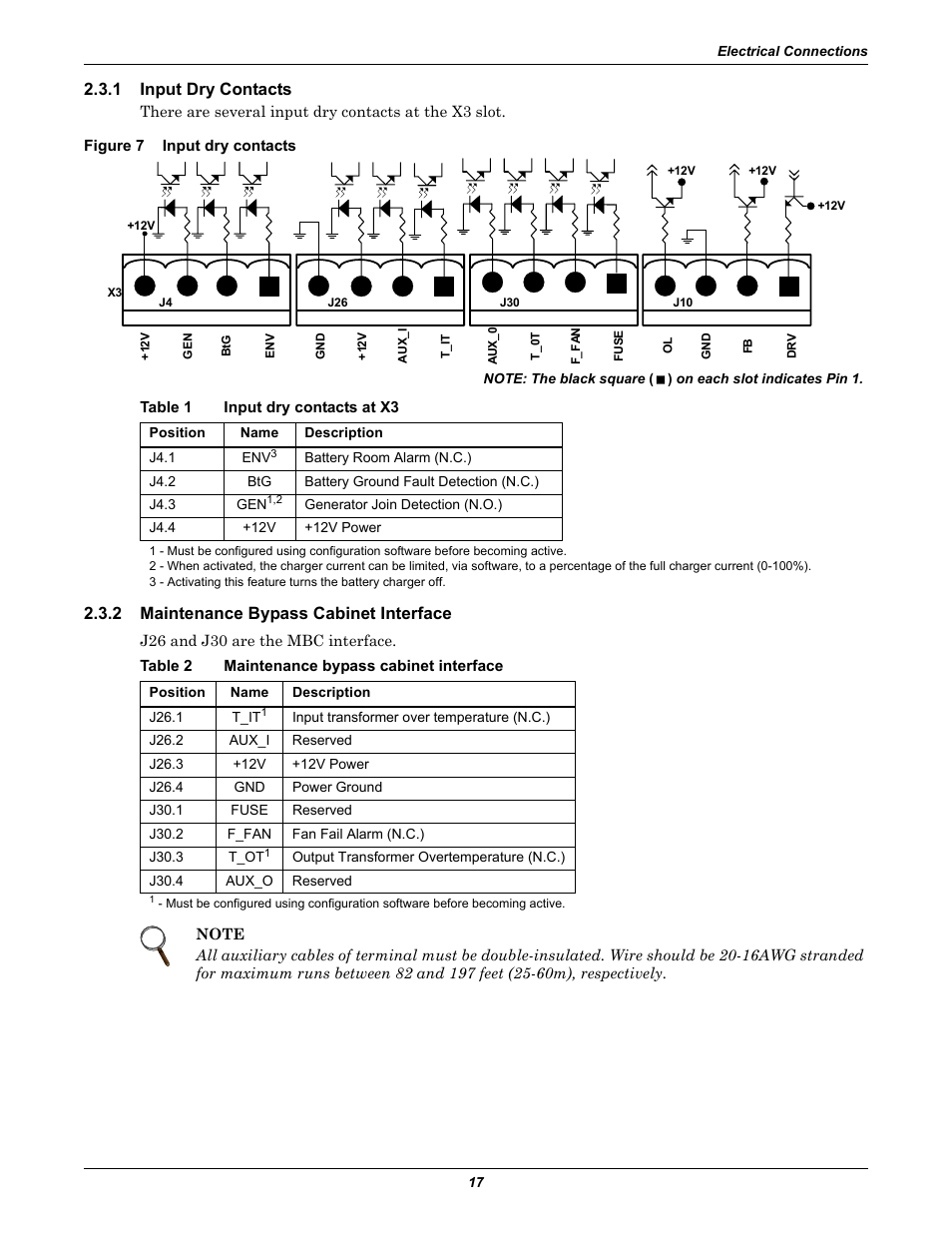 1 input dry contacts, Figure 7 input dry contacts, Table 1 input dry contacts at x3 | 2 maintenance bypass cabinet interface, Table 2 maintenance bypass cabinet interface, Input dry contacts, Maintenance bypass cabinet interface, Figure 7, Input dry contacts at x3, Table 2 | Emerson Liebert NX 480V User Manual | Page 25 / 108