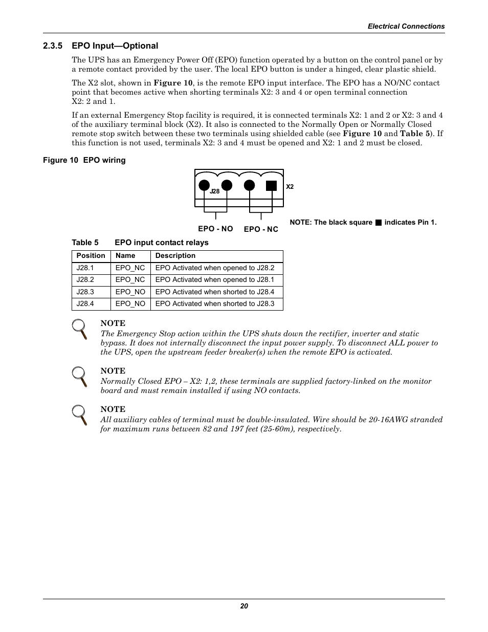 5 epo input-optional, Figure 10 epo wiring, Table 5 epo input contact relays | Epo input—optional, Table 5, Epo input contact relays | Emerson Liebert NX 480V User Manual | Page 28 / 108