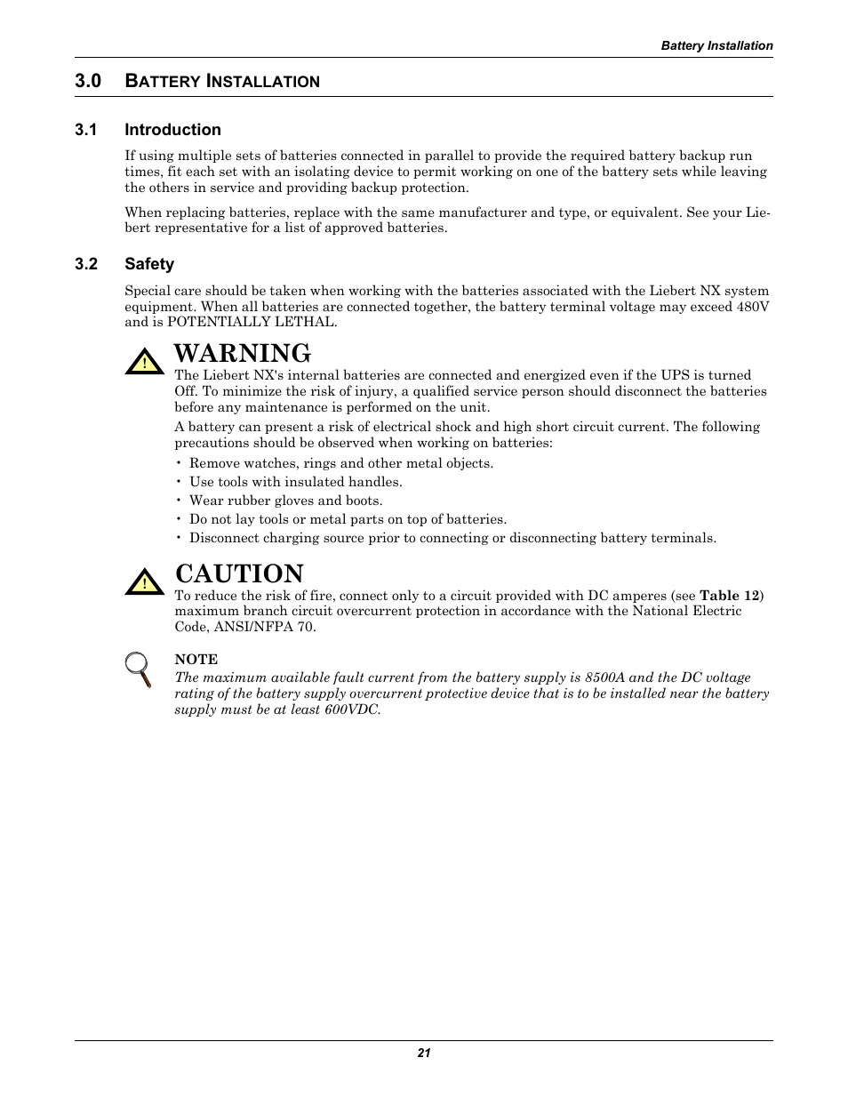 0 battery installation, 1 introduction, 2 safety | Attery, Nstallation, Introduction, Safety, Warning, Caution | Emerson Liebert NX 480V User Manual | Page 29 / 108