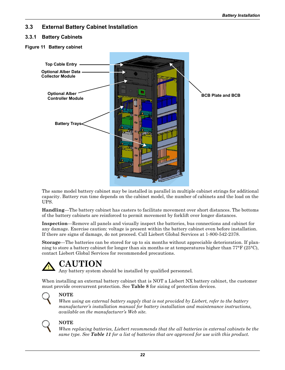 3 external battery cabinet installation, 1 battery cabinets, Figure 11 battery cabinet | External battery cabinet installation, Battery cabinets, Caution | Emerson Liebert NX 480V User Manual | Page 30 / 108
