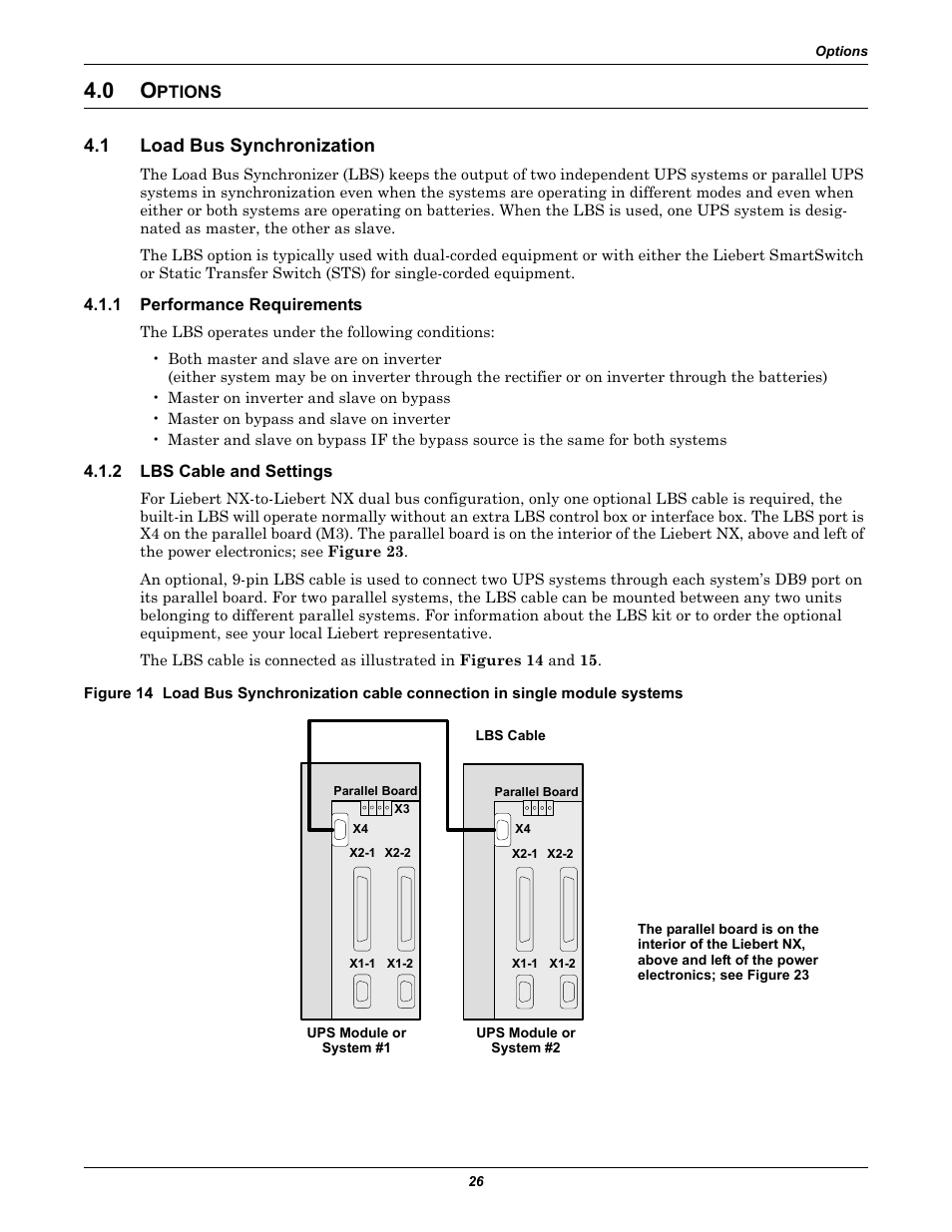 0 options, 1 load bus synchronization, 1 performance requirements | 2 lbs cable and settings, Ptions, Load bus synchronization, Performance requirements, Lbs cable and settings | Emerson Liebert NX 480V User Manual | Page 34 / 108