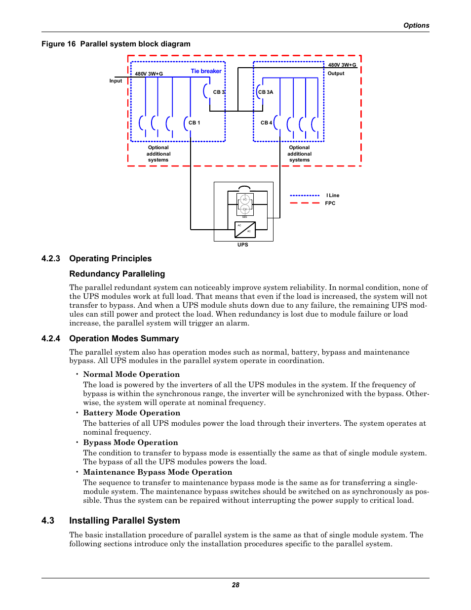 Figure 16 parallel system block diagram, 3 operating principles, Redundancy paralleling | 4 operation modes summary, 3 installing parallel system, Operating principles, Operation modes summary, Installing parallel system, 3 operating principles redundancy paralleling | Emerson Liebert NX 480V User Manual | Page 36 / 108