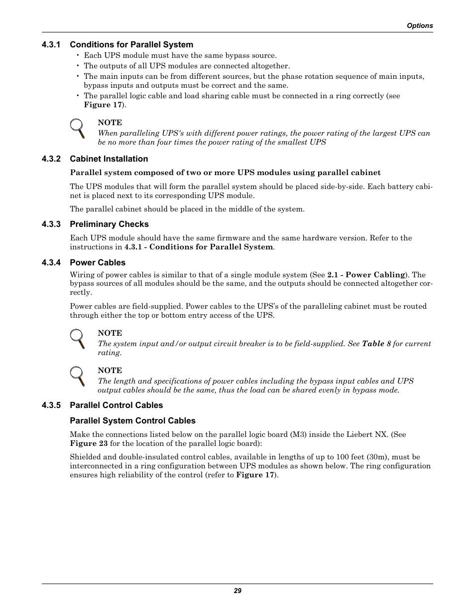 1 conditions for parallel system, 2 cabinet installation, 3 preliminary checks | 4 power cables, 5 parallel control cables, Parallel system control cables, Conditions for parallel system, Cabinet installation, Preliminary checks, Power cables | Emerson Liebert NX 480V User Manual | Page 37 / 108