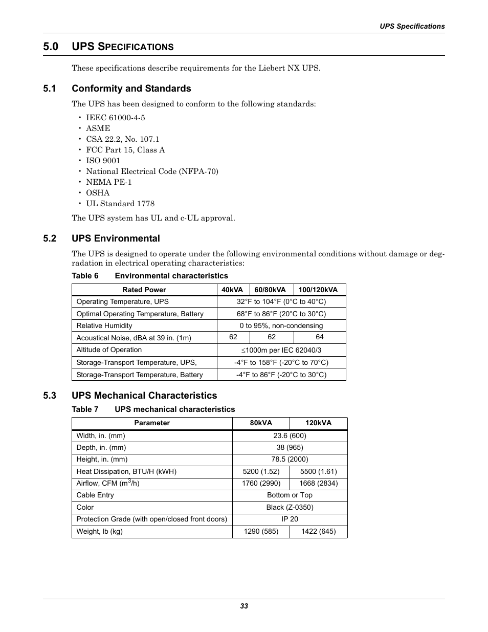 0 ups specifications, 1 conformity and standards, 2 ups environmental | Table 6 environmental characteristics, 3 ups mechanical characteristics, Table 7 ups mechanical characteristics, Ups s, Pecifications, Conformity and standards, Ups environmental | Emerson Liebert NX 480V User Manual | Page 41 / 108