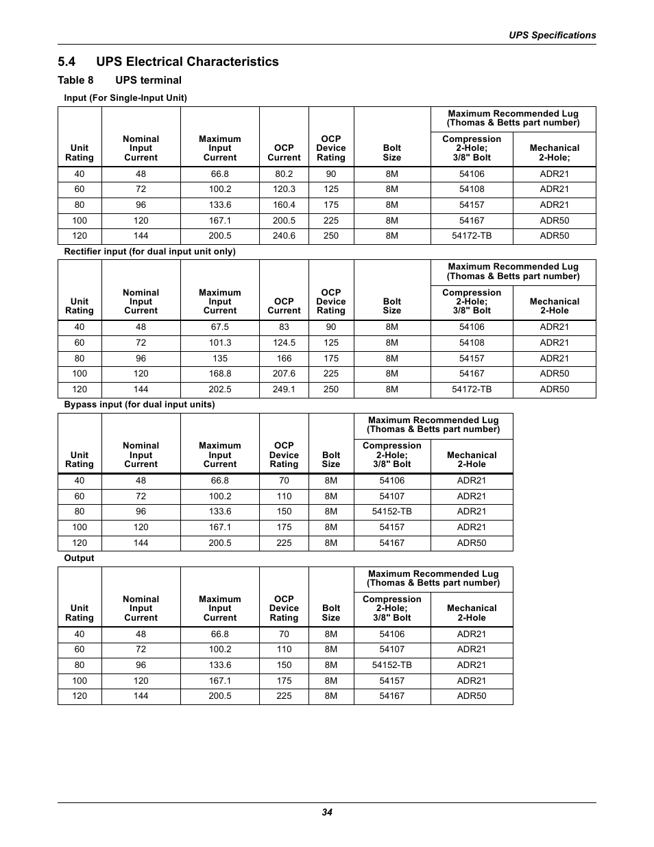 4 ups electrical characteristics, Table 8 ups terminal, Ups electrical characteristics | Table 8, Ups terminal, Table 8 , with respect, Table 8 , with respect to, To table 8, Ee table 8, 4 - ups elec | Emerson Liebert NX 480V User Manual | Page 42 / 108