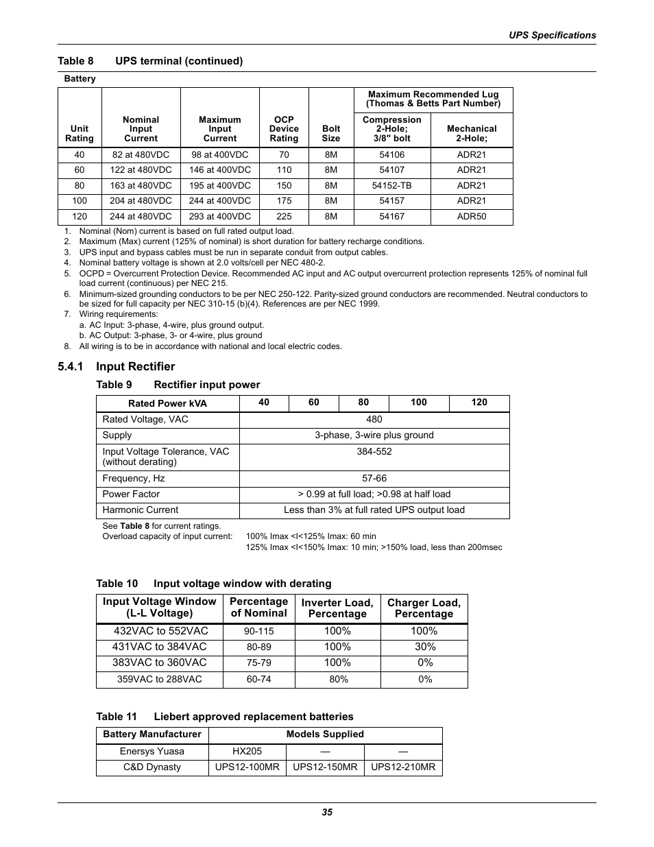 1 input rectifier, Table 9 rectifier input power, Table 10 input voltage window with derating | Table 11 liebert approved replacement batteries, Input rectifier, Table 9, Rectifier input power, Table 10, Input voltage window with derating, Table 11 | Emerson Liebert NX 480V User Manual | Page 43 / 108