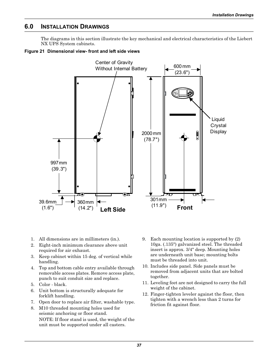 0 installation drawings, Nstallation, Rawings | 0 - installation drawings, Figure 21, Left side, Front | Emerson Liebert NX 480V User Manual | Page 45 / 108