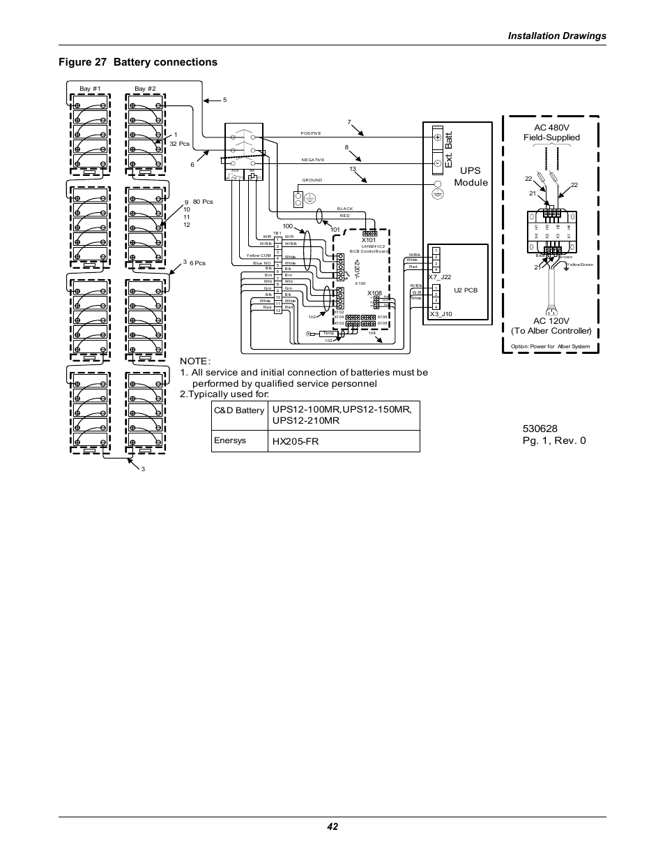 Figure 27 battery connections, Installation drawings 42, Ups module e xt . b a tt | Ac 480v field-supplied, Ac 120v (to alber controller), C&d battery enersys | Emerson Liebert NX 480V User Manual | Page 50 / 108