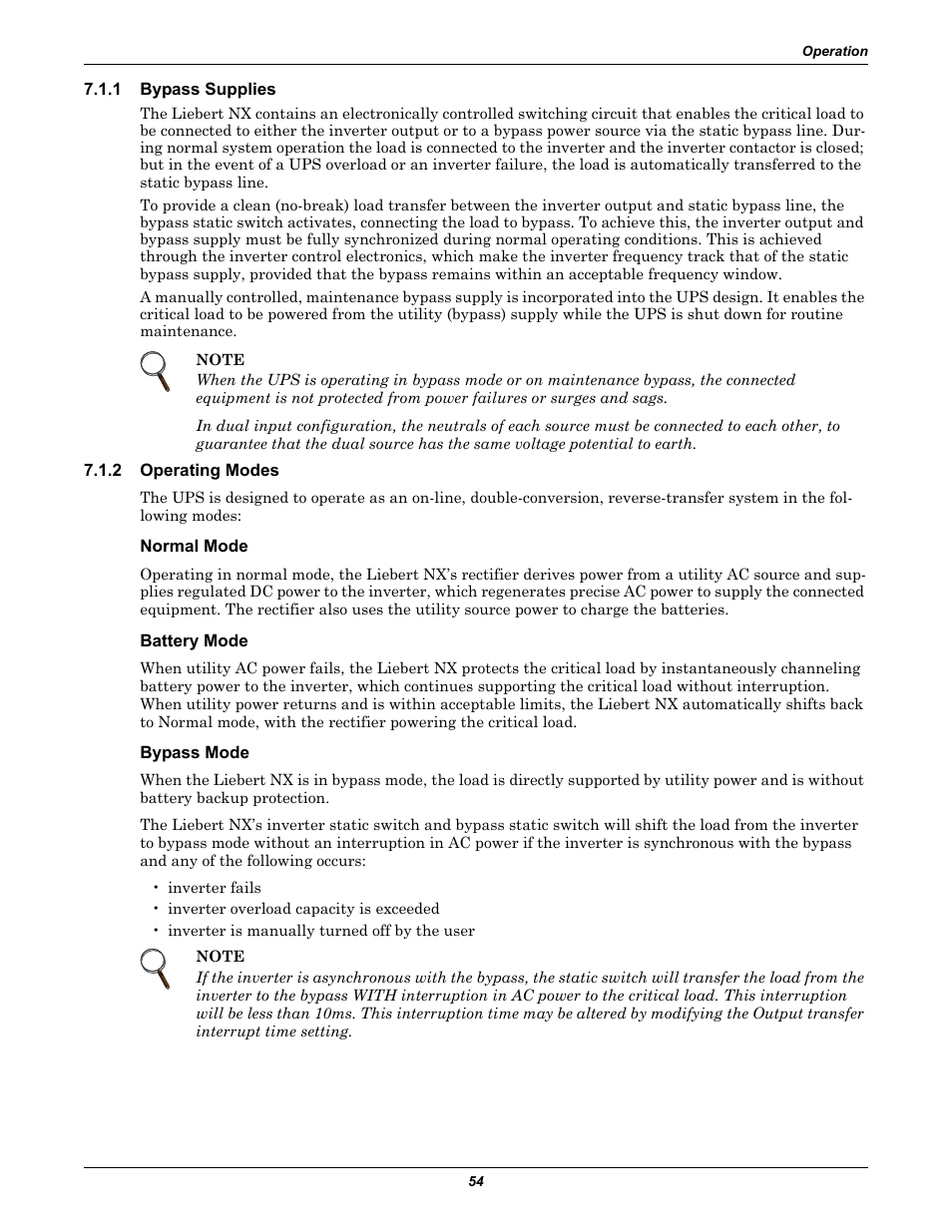 1 bypass supplies, 2 operating modes, Normal mode | Battery mode, Bypass mode, Bypass supplies, Operating modes | Emerson Liebert NX 480V User Manual | Page 62 / 108