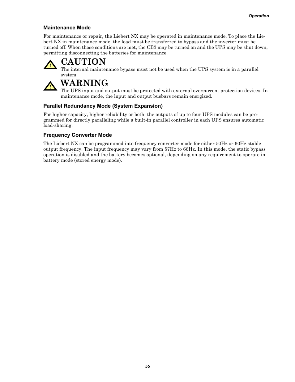 Maintenance mode, Parallel redundancy mode (system expansion), Frequency converter mode | Caution, Warning | Emerson Liebert NX 480V User Manual | Page 63 / 108