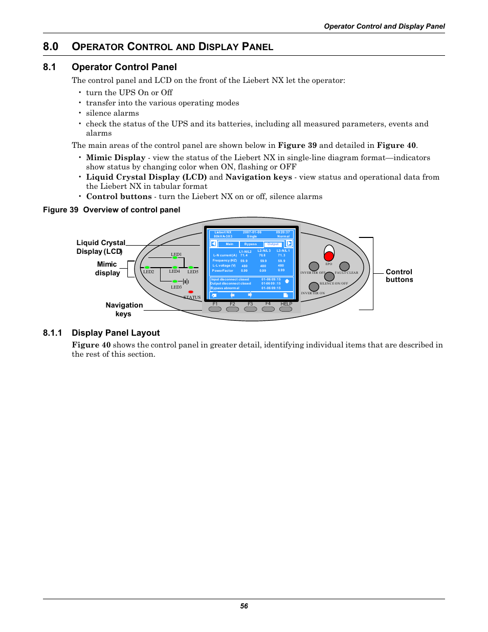 0 operator control and display panel, 1 operator control panel, Figure 39 overview of control panel | 1 display panel layout, Perator, Ontrol, Isplay, Anel, Operator control panel, Display panel layout | Emerson Liebert NX 480V User Manual | Page 64 / 108