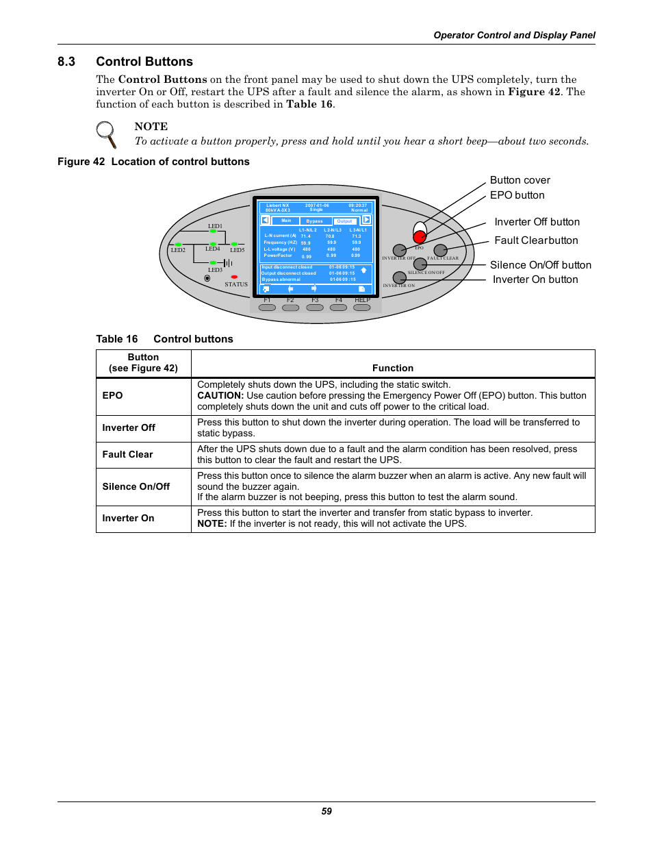 3 control buttons, Figure 42 location of control buttons, Table 16 control buttons | Control buttons, Table 16, Silence on/off button, Operator control and display panel 59 | Emerson Liebert NX 480V User Manual | Page 67 / 108