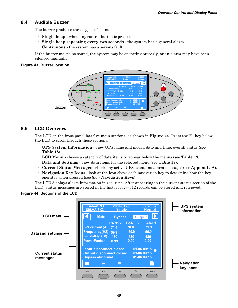 4 audible buzzer, Figure 43 buzzer location, 5 lcd overview | Figure 44 sections of the lcd, Audible buzzer, Lcd overview, Buzzer current status messages | Emerson Liebert NX 480V User Manual | Page 68 / 108