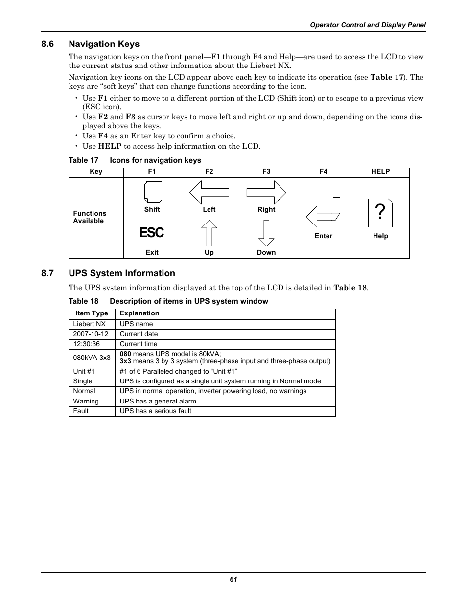 6 navigation keys, Table 17 icons for navigation keys, 7 ups system information | Table 18 description of items in ups system window, Navigation keys, Ups system information, Table 17, Icons for navigation keys, Table 18, Description of items in ups system window | Emerson Liebert NX 480V User Manual | Page 69 / 108