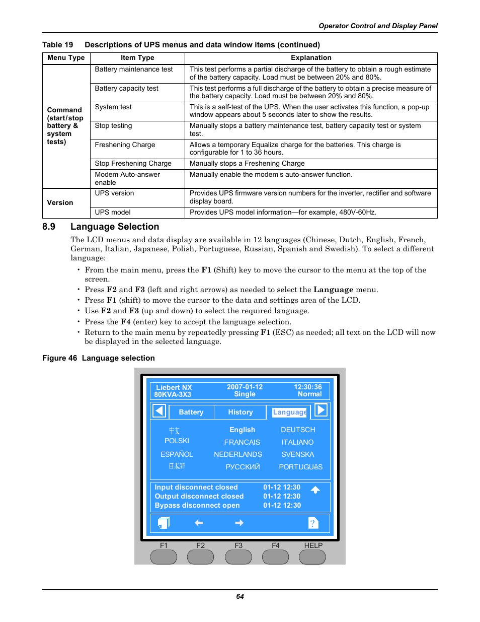 9 language selection, Figure 46 language selection, Language selection | Emerson Liebert NX 480V User Manual | Page 72 / 108