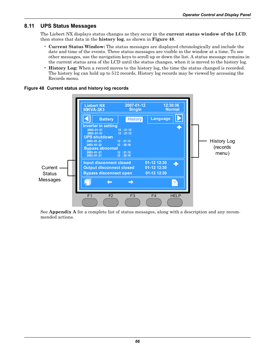 11 ups status messages, Figure 48 current status and history log records, Ups status messages | Emerson Liebert NX 480V User Manual | Page 74 / 108