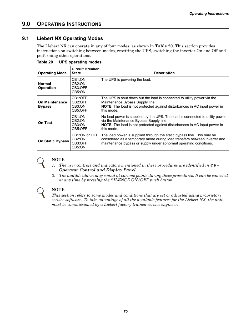 0 operating instructions, 1 liebert nx operating modes, Table 20 ups operating modes | Perating, Nstructions, Liebert nx operating modes, Table 20, Ups operating modes | Emerson Liebert NX 480V User Manual | Page 78 / 108