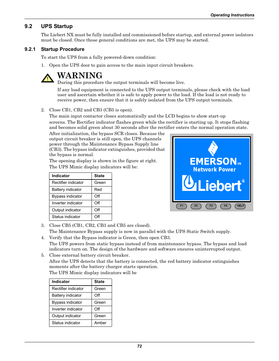 2 ups startup, 1 startup procedure, Ups startup | Startup procedure, Warning | Emerson Liebert NX 480V User Manual | Page 80 / 108