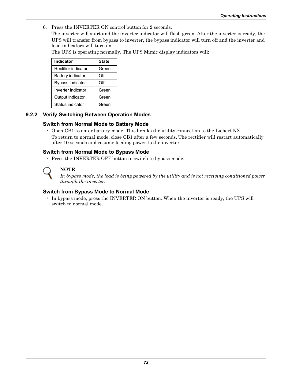 2 verify switching between operation modes, Switch from normal mode to battery mode, Switch from normal mode to bypass mode | Switch from bypass mode to normal mode, Verify switching between operation modes | Emerson Liebert NX 480V User Manual | Page 81 / 108