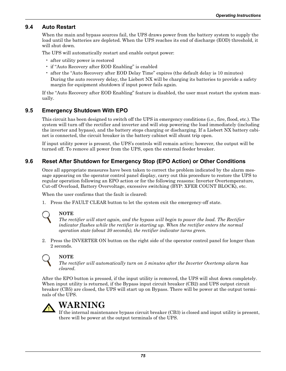 4 auto restart, 5 emergency shutdown with epo, Auto restart | Emergency shutdown with epo, Warning | Emerson Liebert NX 480V User Manual | Page 83 / 108