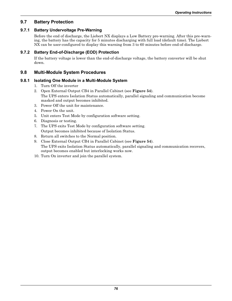 7 battery protection, 1 battery undervoltage pre-warning, 2 battery end-of-discharge (eod) protection | 8 multi-module system procedures, 1 isolating one module in a multi-module system, Battery protection, Battery undervoltage pre-warning, Battery end-of-discharge (eod) protection, Multi-module system procedures, Isolating one module in a multi-module system | Emerson Liebert NX 480V User Manual | Page 84 / 108