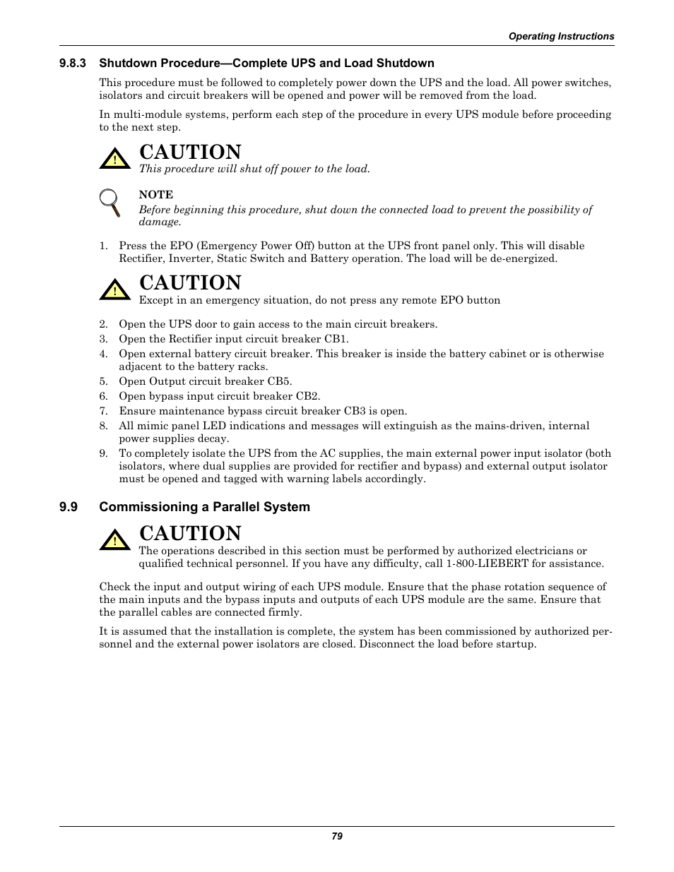 9 commissioning a parallel system, Shutdown procedure—complete ups and load shutdown, Commissioning a parallel system | Caution | Emerson Liebert NX 480V User Manual | Page 87 / 108