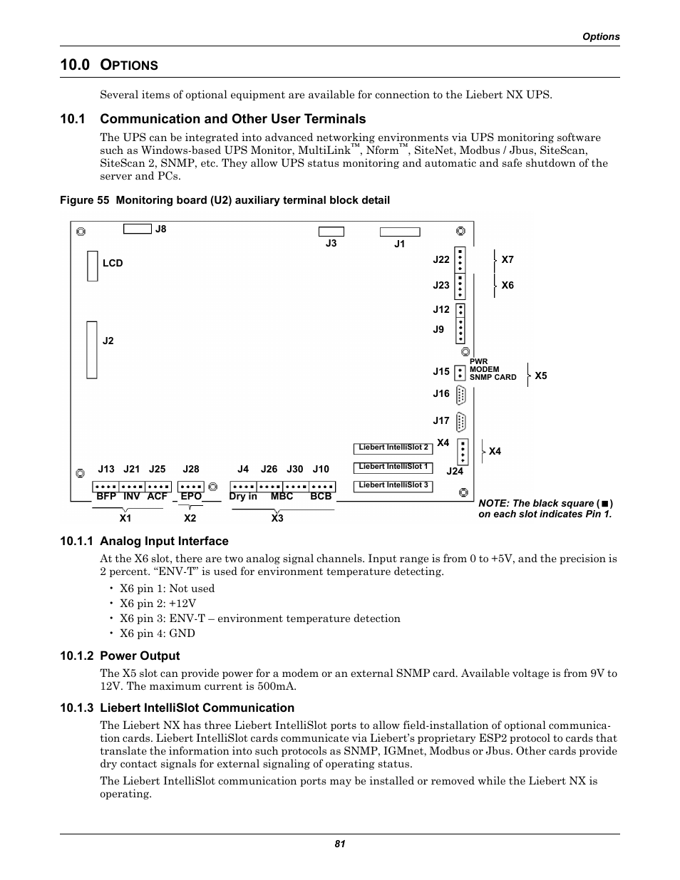 0 options, 1 communication and other user terminals, 1 analog input interface | 2 power output, 3 liebert intellislot communication, Ptions, Communication and other user terminals | Emerson Liebert NX 480V User Manual | Page 89 / 108