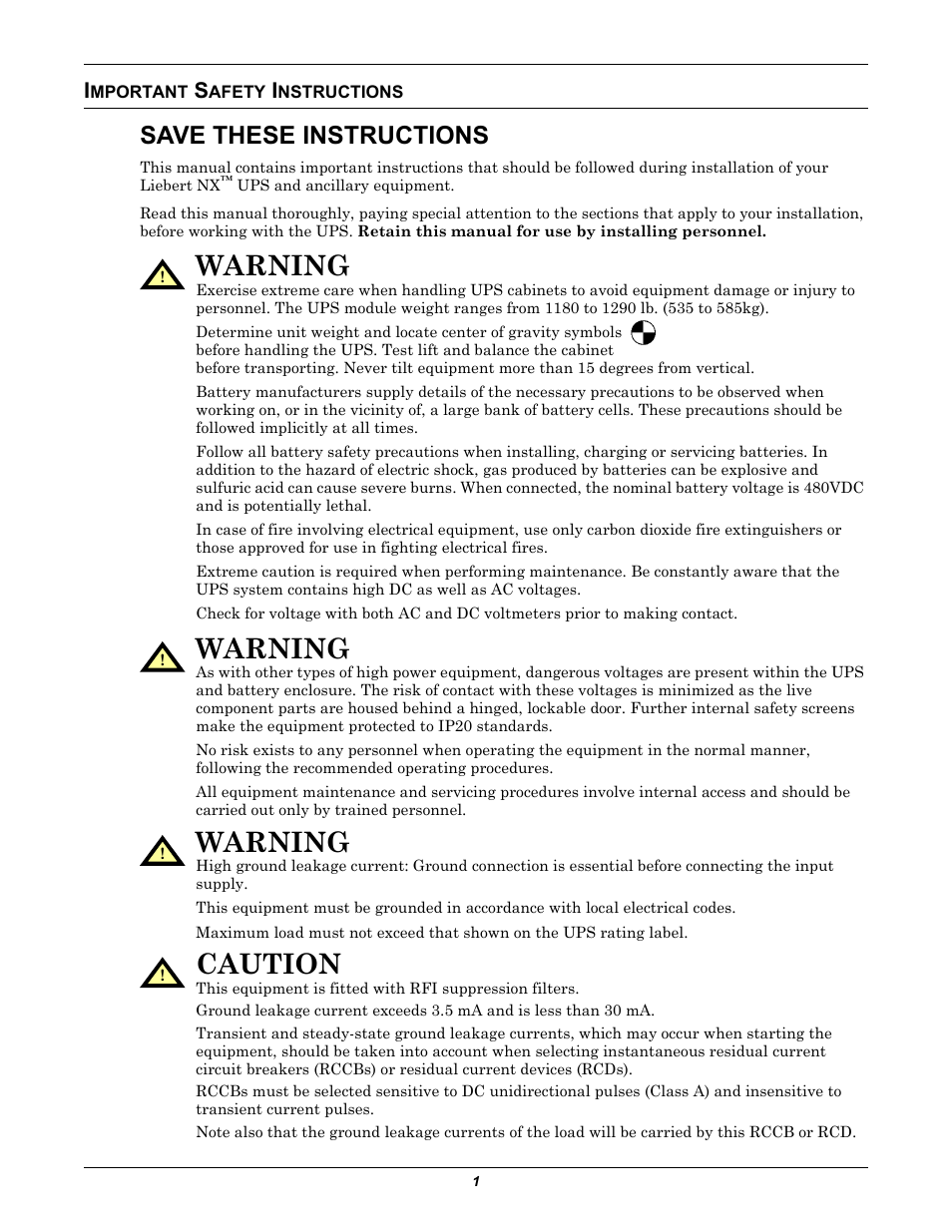 Important safety instructions, Save these instructions, Mportant | Afety, Nstructions, Warning, Caution | Emerson Liebert NX 480V User Manual | Page 9 / 108