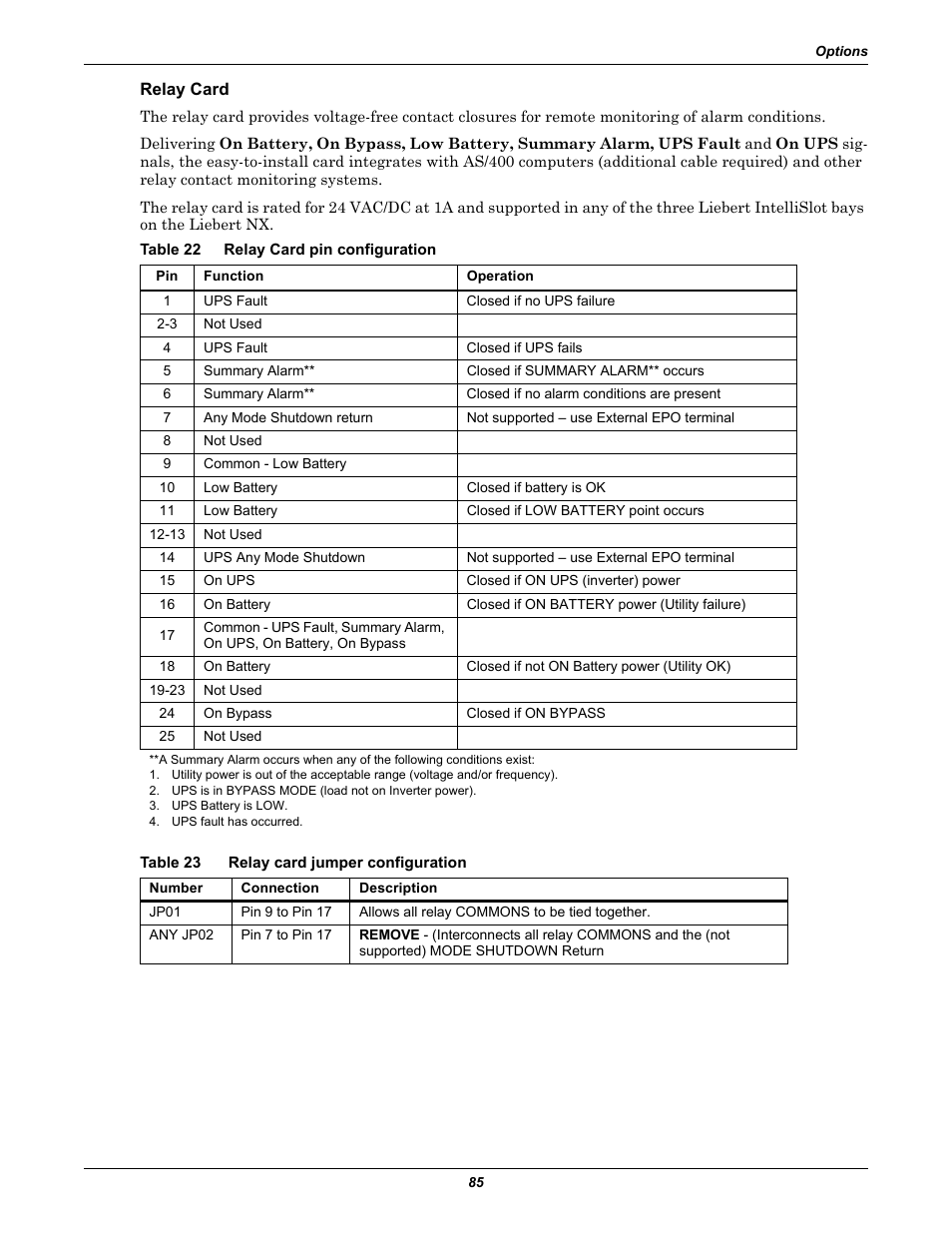 Relay card, Table 22 relay card pin configuration, Table 23 relay card jumper configuration | Table 22, Relay card pin configuration, Table 23, Relay card jumper configuration | Emerson Liebert NX 480V User Manual | Page 93 / 108