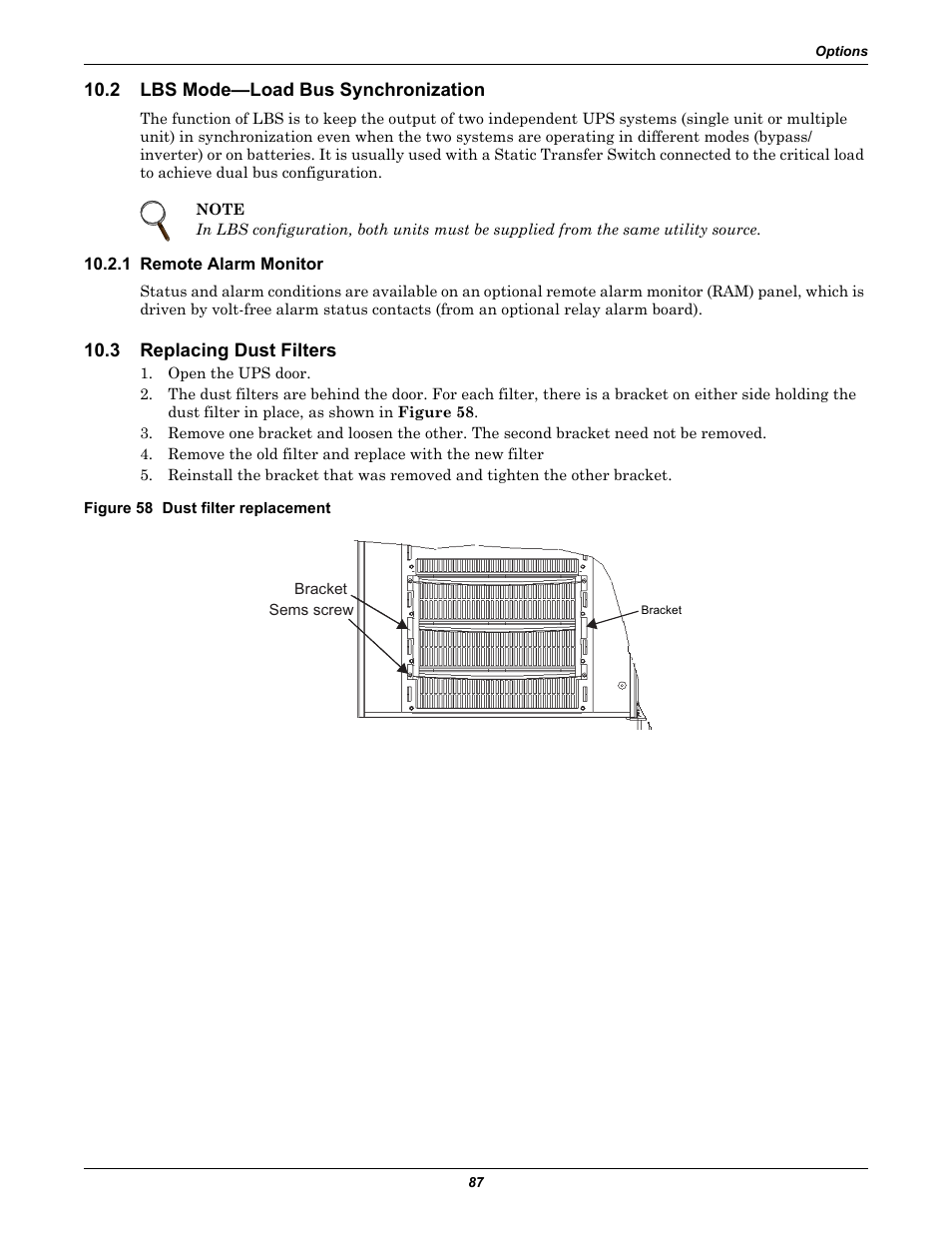 2 lbs mode-load bus synchronization, 1 remote alarm monitor, 3 replacing dust filters | Figure 58 dust filter replacement, Lbs mode—load bus synchronization, Replacing dust filters | Emerson Liebert NX 480V User Manual | Page 95 / 108