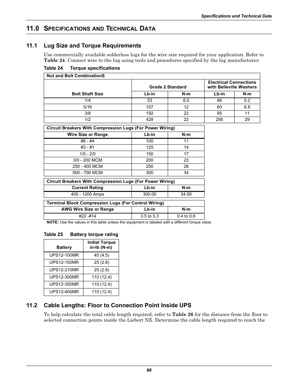 0 specifications and technical data, 1 lug size and torque requirements, Table 24 torque specifications | Table 25 battery torque rating, Pecifications, Echnical, Lug size and torque requirements, Table 24, Torque specifications, Table 25 | Emerson Liebert NX 480V User Manual | Page 96 / 108