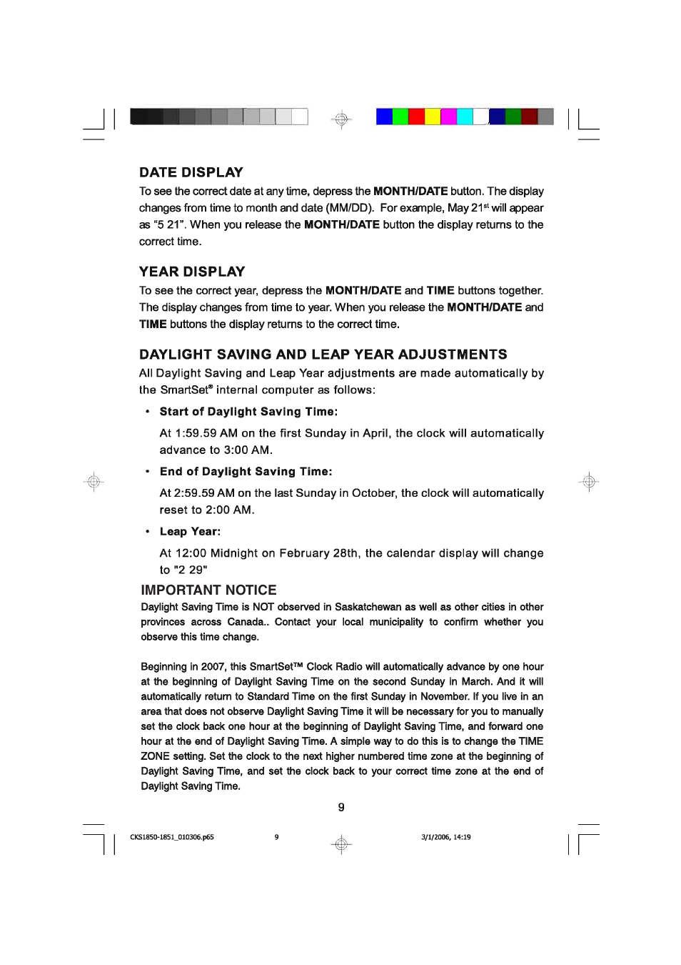 Date display, Year display, Daylight saving and leap year adjustments | Important notice | Emerson SMARTSET CKS1850C User Manual | Page 10 / 22