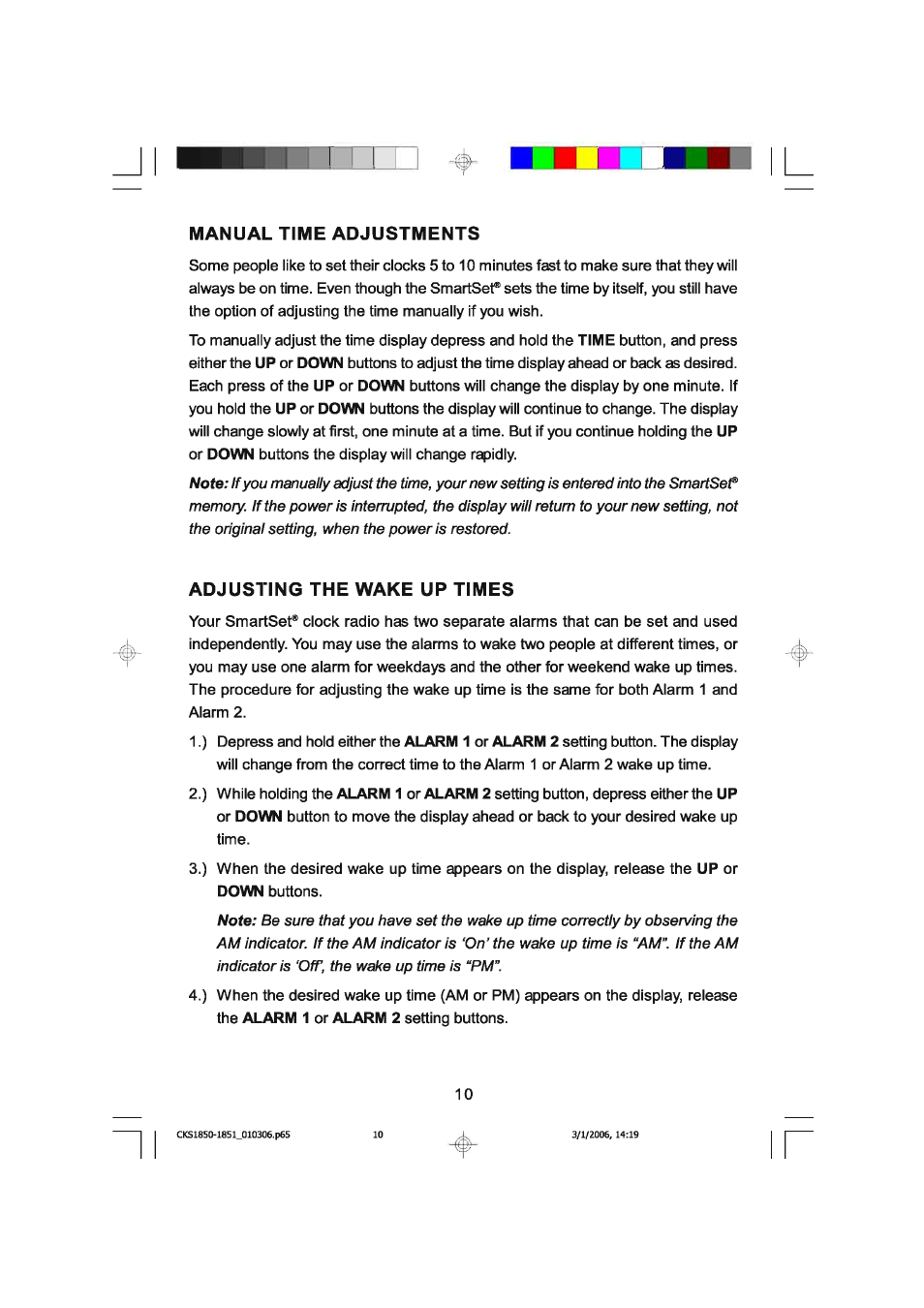 Manual time adjustments, Adjusting the wake up times | Emerson SMARTSET CKS1850C User Manual | Page 11 / 22