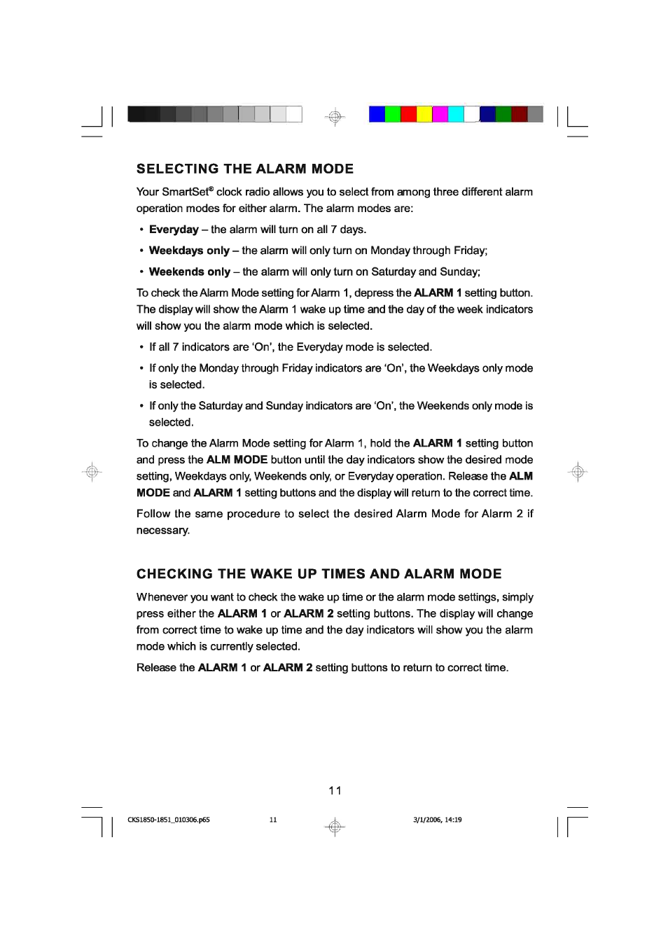 Selecting the alarm mode, Checking the wake up times and alarm mode | Emerson SMARTSET CKS1850C User Manual | Page 12 / 22