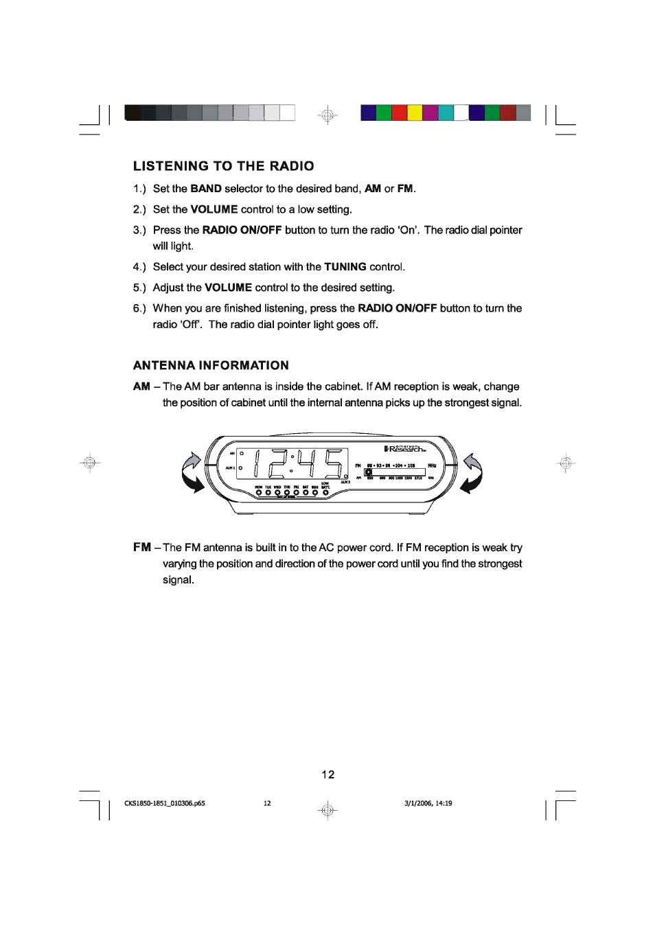 Listening to the radio, Antenna information | Emerson SMARTSET CKS1850C User Manual | Page 13 / 22