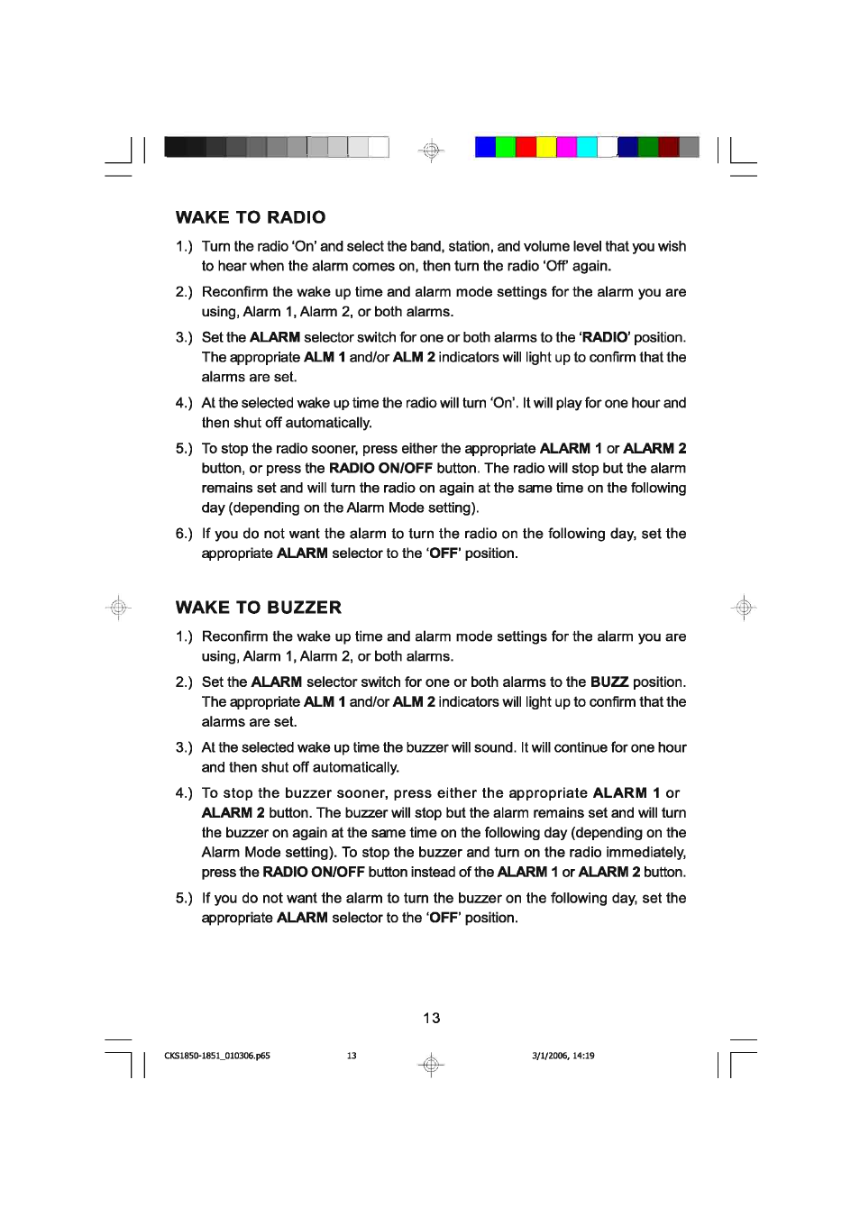 Wake to radio, Wake to buzzer | Emerson SMARTSET CKS1850C User Manual | Page 14 / 22