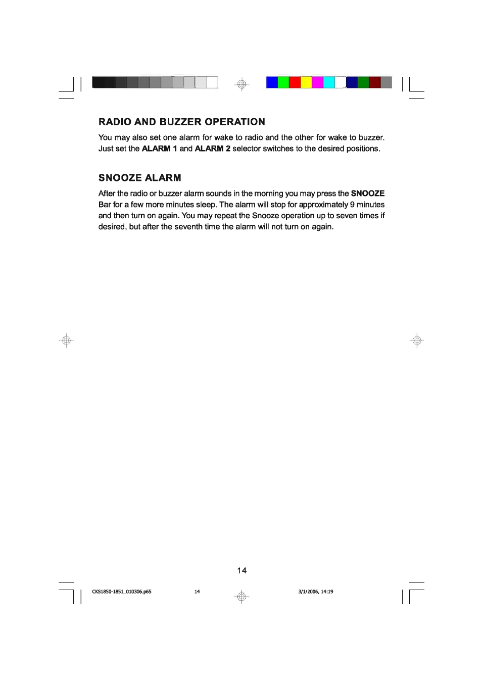 Radio and buzzer operation, Snooze alarm | Emerson SMARTSET CKS1850C User Manual | Page 15 / 22