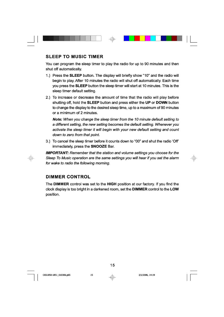 Sleep to music timer, Dimmer control | Emerson SMARTSET CKS1850C User Manual | Page 16 / 22