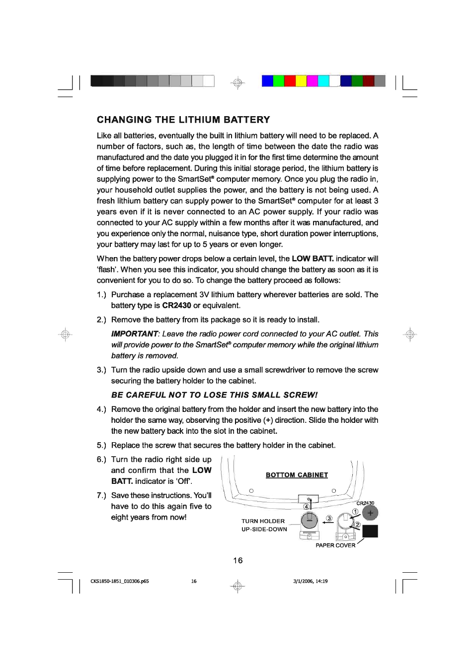 Changing the lithium battery | Emerson SMARTSET CKS1850C User Manual | Page 17 / 22