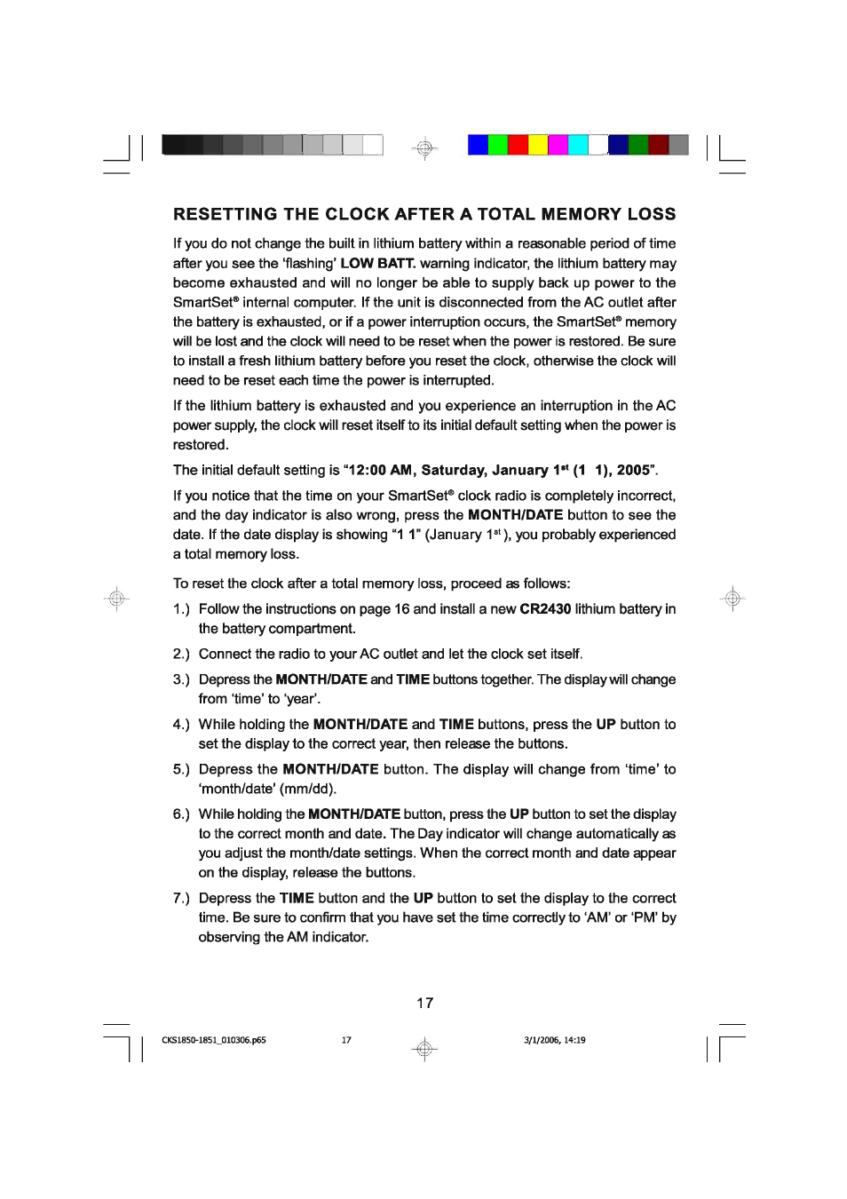 Resetting the clock after a total memory loss | Emerson SMARTSET CKS1850C User Manual | Page 18 / 22