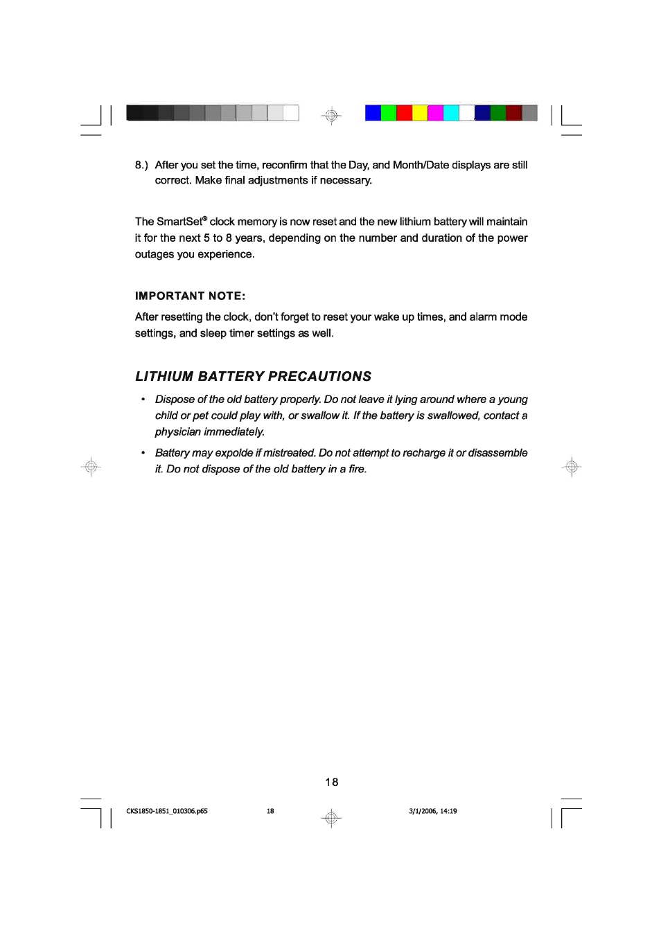 Lithium battery precautions | Emerson SMARTSET CKS1850C User Manual | Page 19 / 22