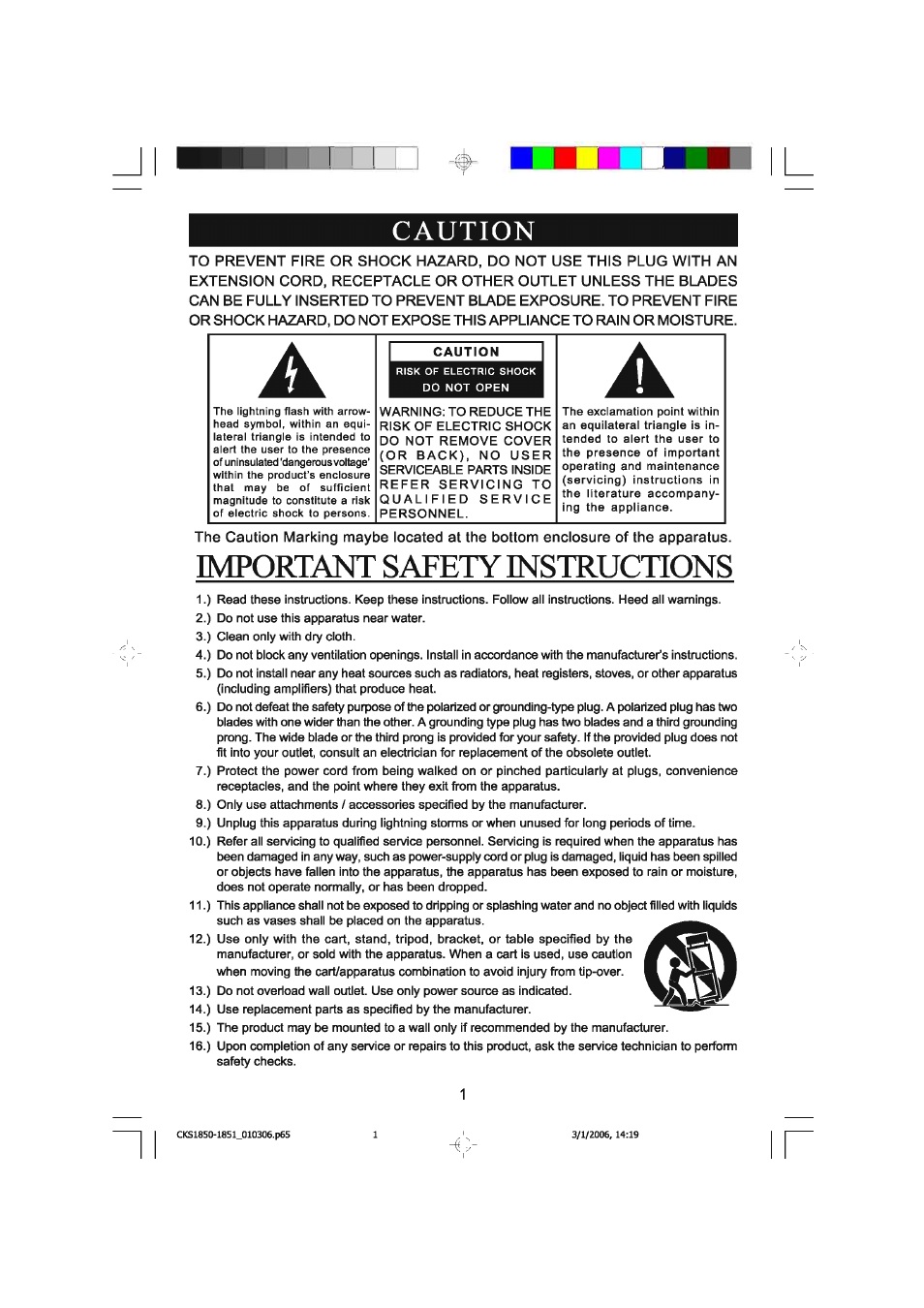 Important safety instructions, Caution | Emerson SMARTSET CKS1850C User Manual | Page 2 / 22