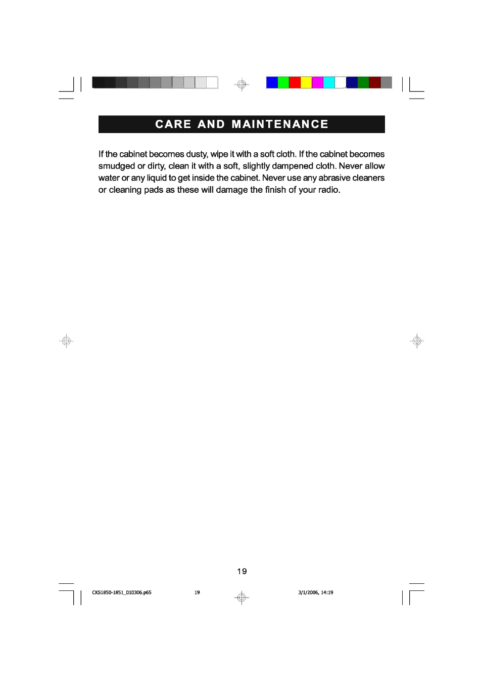 Care and maintenance | Emerson SMARTSET CKS1850C User Manual | Page 20 / 22