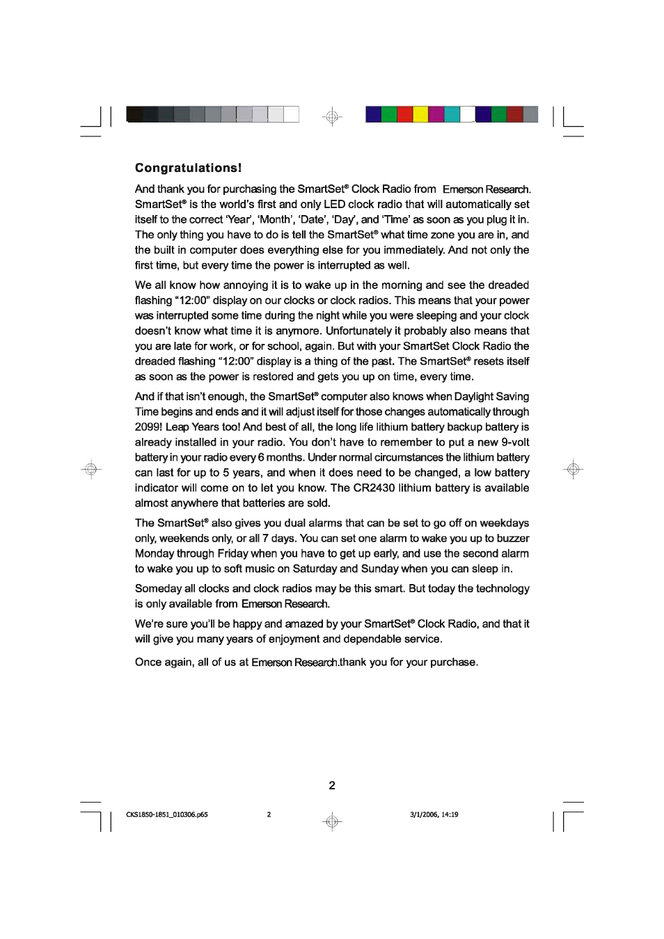 Congratulations | Emerson SMARTSET CKS1850C User Manual | Page 3 / 22
