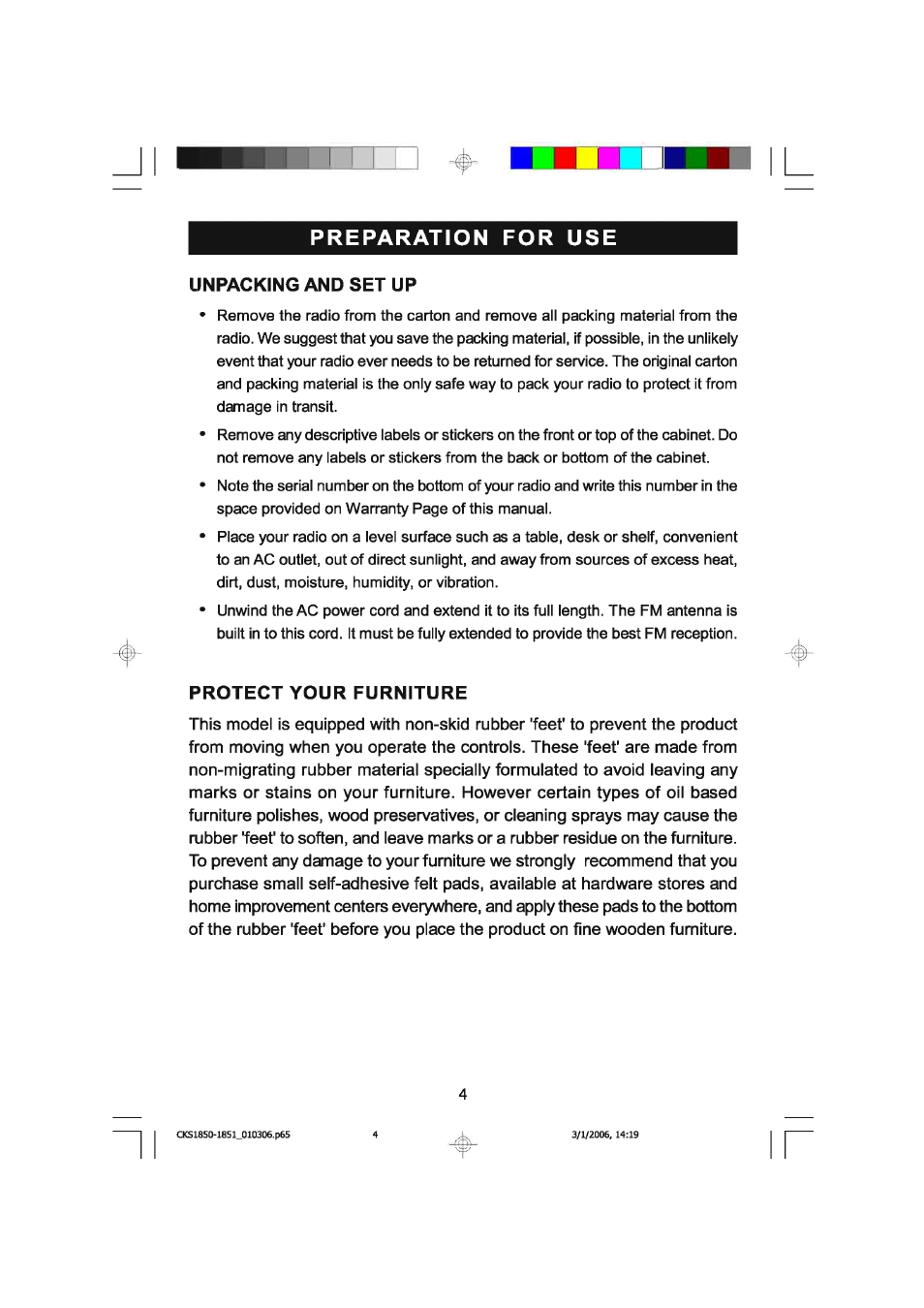 Preparation for use, Unpacking and set up, Protect your furniture | Emerson SMARTSET CKS1850C User Manual | Page 5 / 22