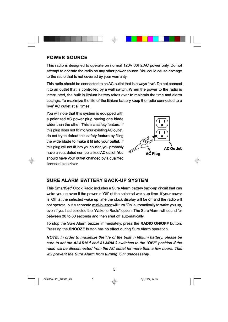 Power source, Sure alarm battery back-up system | Emerson SMARTSET CKS1850C User Manual | Page 6 / 22