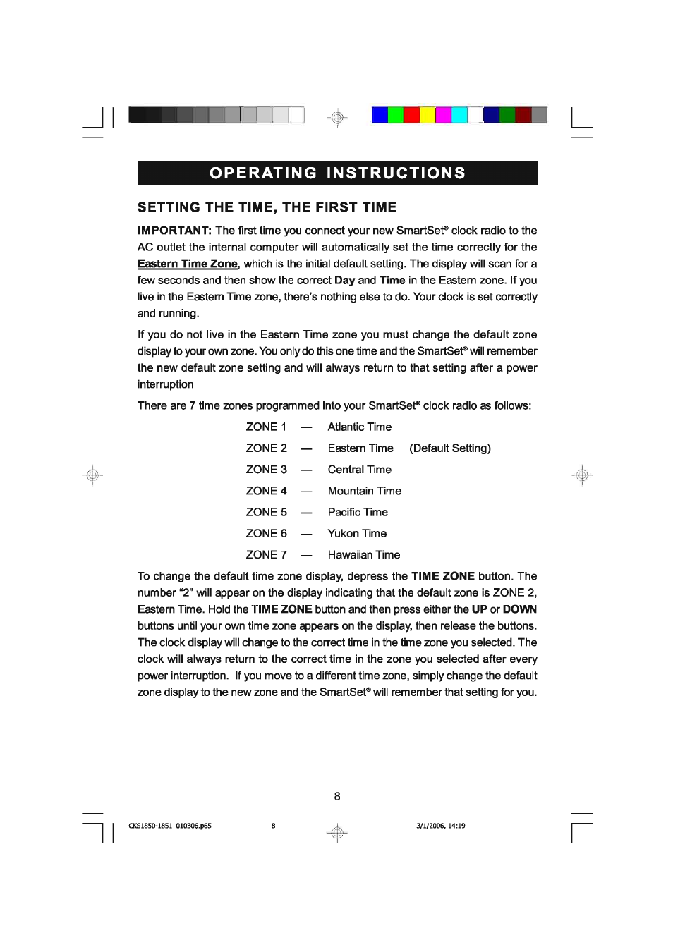 Operating instructions, Setting the time, the first time | Emerson SMARTSET CKS1850C User Manual | Page 9 / 22